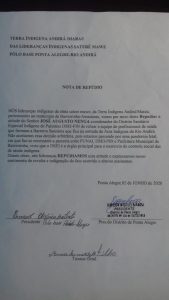Documento de lideranças indígenas, repudia a retirada do Dsei da área indígena Sateré-Mawé (Reprodução/Divulgação)