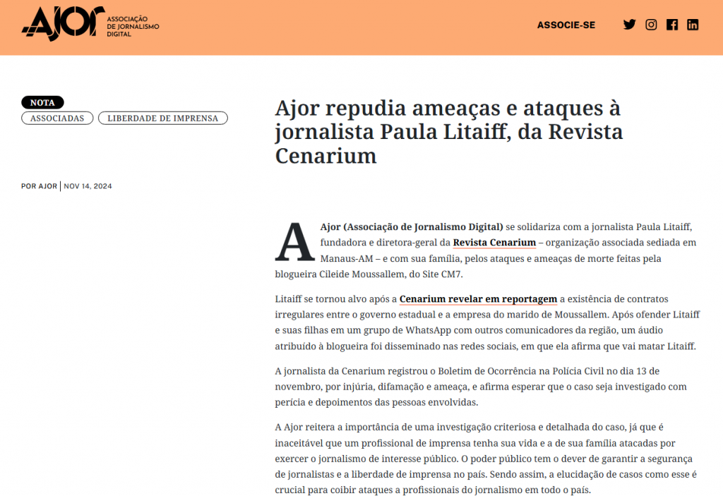 You are currently viewing Ajor repudia ameaças contra diretora da CENARIUM, Paula Litaiff, e defende investigação