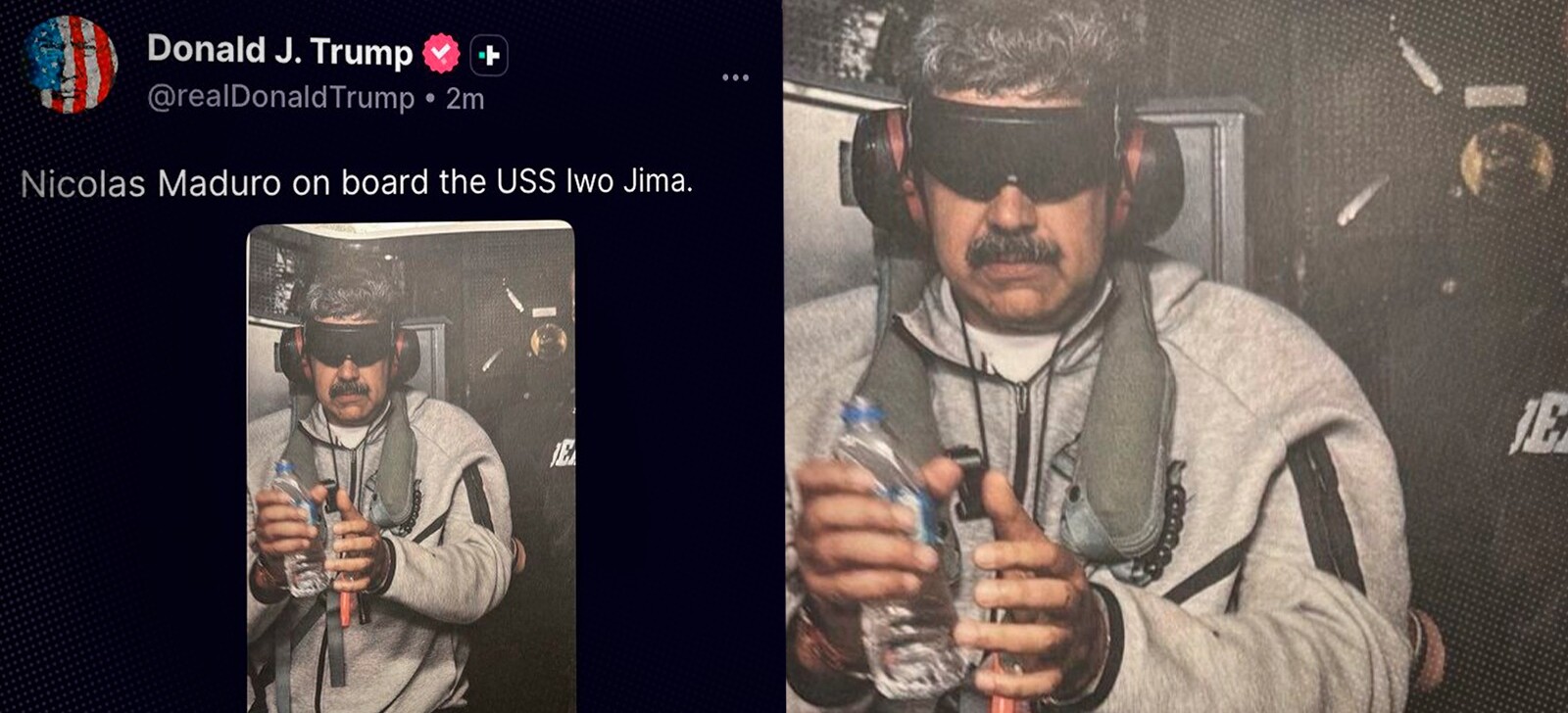 No momento, você está visualizando Donald Trump divulga primeira foto de Nicolás Maduro sob custódia dos EUA