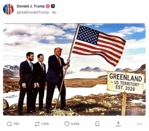 Leia mais sobre o artigo Trump posta montagem de IA em que finca bandeira dos EUA na Groenlândia; VEJA